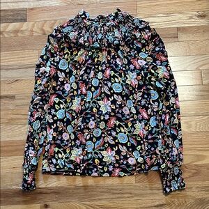 Boden Black Floral Smocked Neck Jersey Top. Black Opulent paradise. Size 4